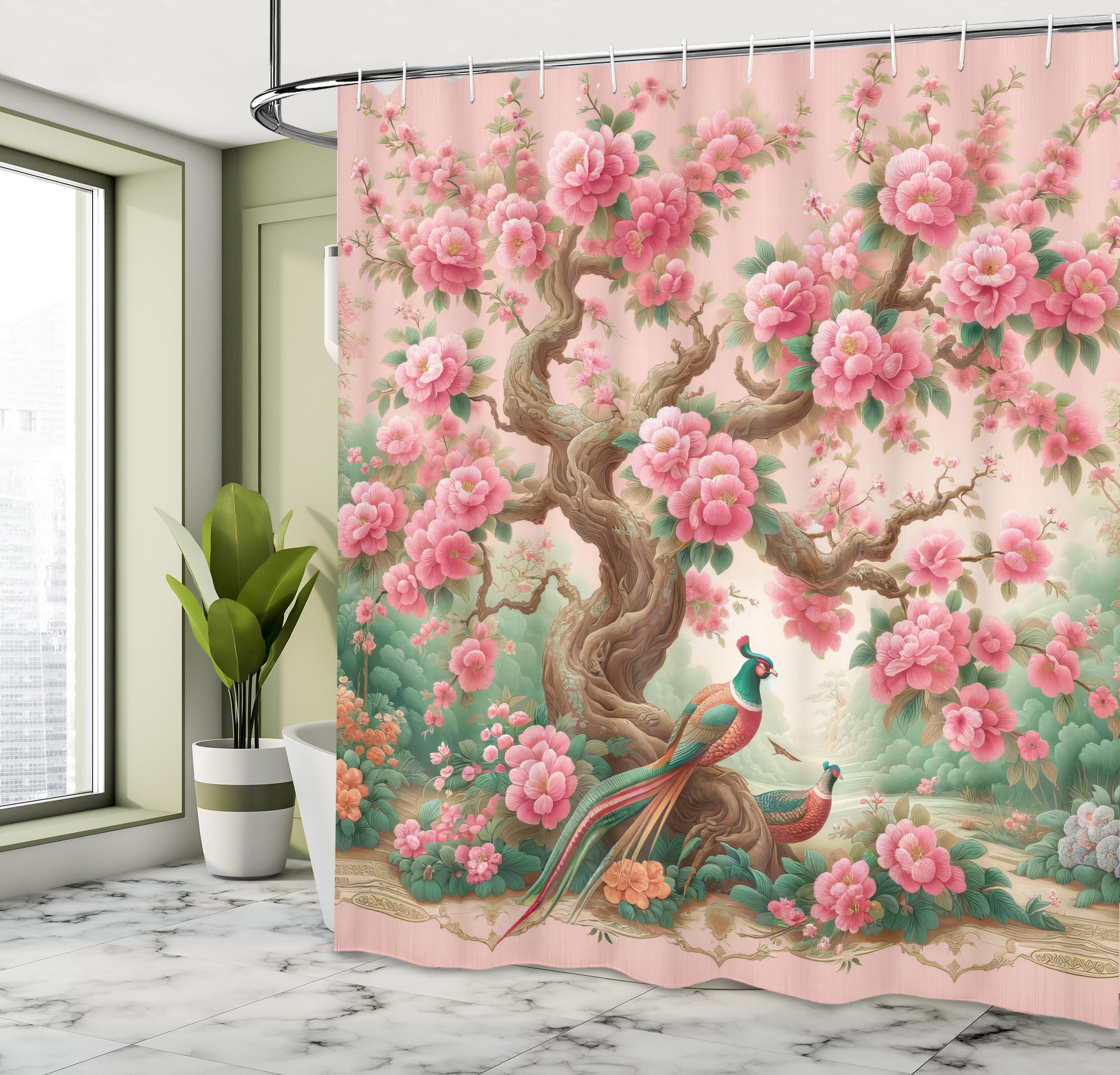 Ambesonne Spring Shower Curtain, Asian Dreamy Blooming Blush Tone Flowers And Peacocks With Fantasy Tree, Cloth Fabric Bathroom
